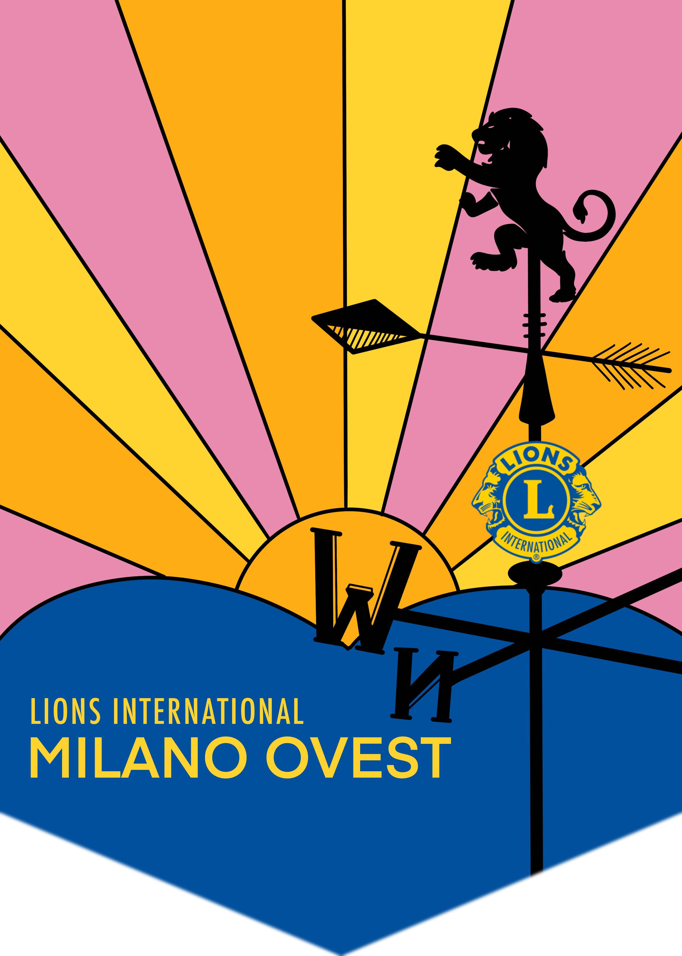 Labaretto del Lions Club Milano Ovest - fronte, con banderuola segnavento e stemma Lions