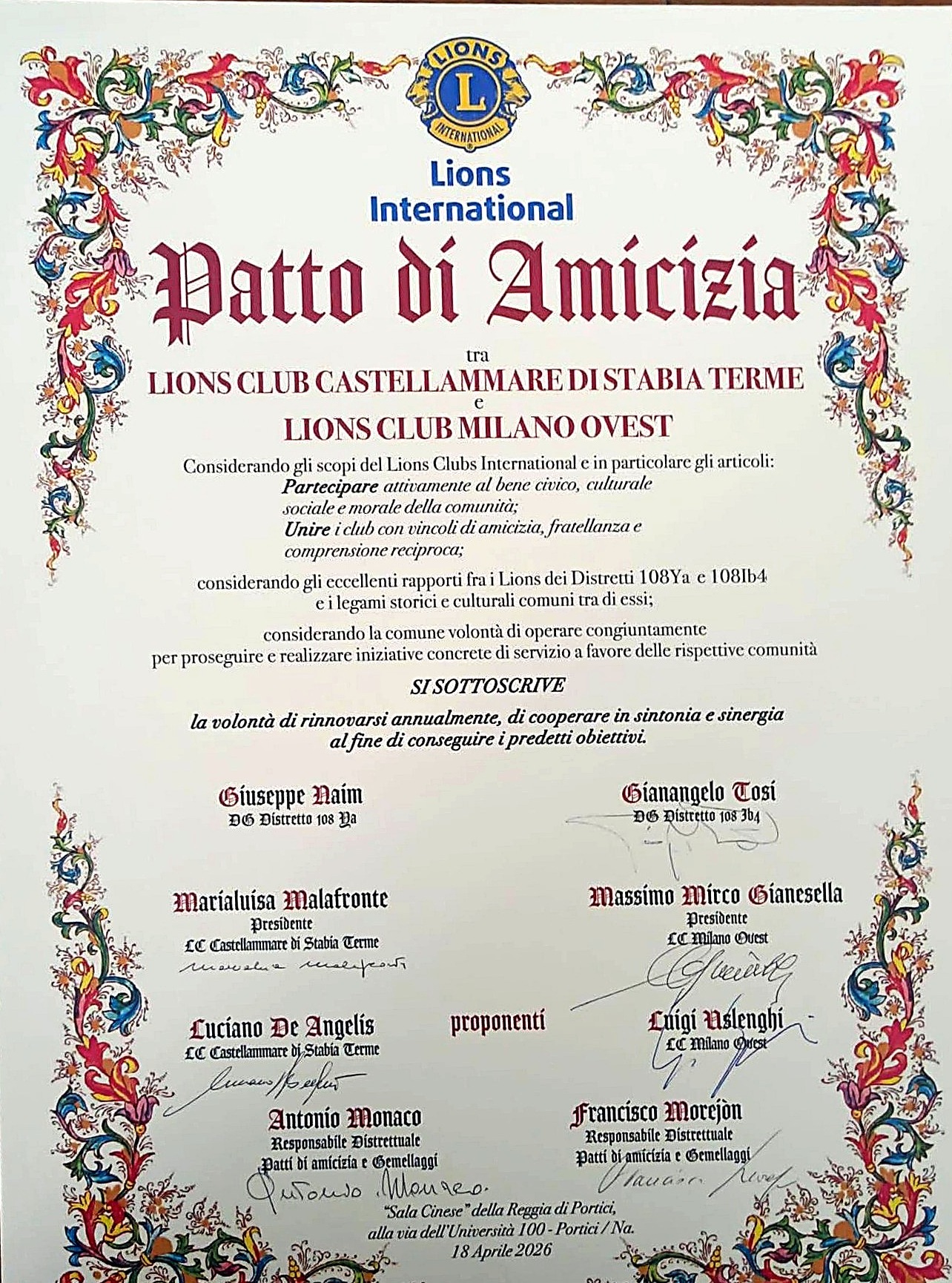 La pergamena del Patto di Amicizia tra il Lions Club Castellammare di Stabia Terme e il Lions Club Milano Ovest